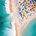 Sea beach with colorful umbrellas and relaxing aerial top Crowded sandy beach at high Tourists at summer Created with Royalty Free Stock Photo