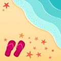 Sea beach. Flip-flops and starfish shells on the beach. Vector illustration