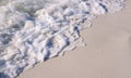 Sea beach with foamy wave photo background. Coral beach sand with sea tide. White sand of oceanic coastline