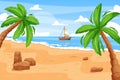 Sea beach landscape. Cartoon island scene with ocean shore and palm trees. Vector summer vacation background Royalty Free Stock Photo