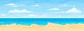 Sea beach landscape. Cartoon summer sunny day, ocean view horizontal panorama, water sand and clouds. Vector vacation