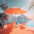 Sea Beach with mountain view, relax and recreation concept, realistic 3D illustration, generative ai