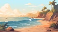 Sea beach, rock islands in water and clouds in blue sky. Vector cartoon summer landscape of ocean shore, mountains Royalty Free Stock Photo