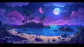 A sea beach with a small island with rocks and moon in the dark sky at night. Cartoon landscape of ocean or lake Royalty Free Stock Photo