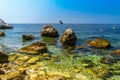 Sea beach with stones and rocks, Beausoleil, Nice, Nizza, Alpes-Maritimes, Provence-Alpes-Cote d `Azur, Cote d `Azur, French Rivie Royalty Free Stock Photo