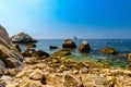 Sea beach with stones and rocks, Beausoleil, Nice, Nizza, Alpes-Maritimes, Provence-Alpes-Cote d `Azur, Cote d `Azur, French Rivie Royalty Free Stock Photo