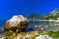 Sea beach with stones and rocks, Beausoleil, Nice, Nizza, Alpes-Maritimes, Provence-Alpes-Cote d `Azur, Cote d `Azur, French Rivie Royalty Free Stock Photo