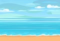 Sea beach. Summer seascape. Far away is the ocean horizon. Calm weather. Surf coastline waves. Flat style illustration Royalty Free Stock Photo