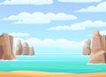 Sea beach. Summer seascape. Far away is the ocean horizon. Coastal rocks and cliffs. Calm weather. Flat style