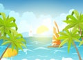 Sea beach and sun loungers. Seascape, vacation banner with sailing ships, palms and clouds. Cartoon vector illustration Royalty Free Stock Photo