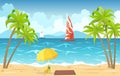 Sea beach and sun loungers. Seascape, vacation banner with sailing ships, palms, beach umbrella and clouds. Cartoon Royalty Free Stock Photo