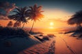 Sea beach at sunset, landscape with sand, palm trees, sun and sky, generative AI Royalty Free Stock Photo