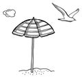 Sea beach sunshade and flying seagull sketch drawing