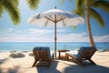 On the sea beach there are two sun loungers and one umbrella against t Royalty Free Stock Photo