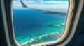 Sea and beach, view from an airplane window. Travel and air transportation Royalty Free Stock Photo