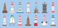 Sea beacons. Coast lighthouse with searchlight beam. Cartoon navigation tower for sailing ship. Marine lighthouses on ocean shore