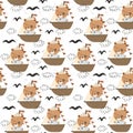 seamless pattern with cartoon bear sailors, ship, decor elements. colorful flat style.