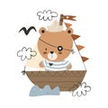 cartoon bear sailors, ship, decor elements. hand drawing.