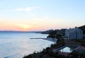 Sea beautiful landscape sunset blue sky empty beach swimming pool buildings background Royalty Free Stock Photo