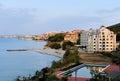 Sea beautiful landscape sunset blue sky empty beach swimming pool buildings background Royalty Free Stock Photo