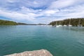 Sea, blue sky, palms and boats in White beach, Sabang, Puerto Galera, Philippines. Popular tourist and diving spot. Royalty Free Stock Photo