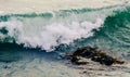 Sea blue wave rolls on a dark brown sea stone protruding from the water Royalty Free Stock Photo