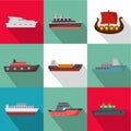 Sea boat icons set, flat style