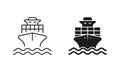 Sea Boat Vessel Silhouette and Line Icon Set. Freight Marine Container Delivery Pictogram. Cargo Ship Delivery Black Royalty Free Stock Photo