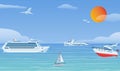 Sea boats and little fishing ships. Sailboats flat vector background illustration.Water transport yacht and ship Royalty Free Stock Photo