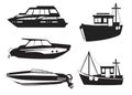 Sea boats little fishing ships sailboats isolated Vectors Silhouettes