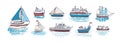 Sea boats, ships set. Sailboat, cruise liner, sail transport, yacht, marine freight carrier, ferry, doodle pencil Royalty Free Stock Photo