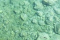 Sea bottom with small stones pebbles in crystal clear water for abstract background. Top view.