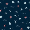 Sea boy pattern. Dark blue kids fish seamless pattern. Marine nautical background. Sea fish, stars seashells underwater Royalty Free Stock Photo