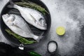 Sea bream or dorado raw fish on grill pan with ingredients on grey white textured background, top view space for text