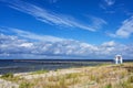 Sea-bridge of Lubmin under a blue sky with clouds, seaside tourist resort for beach holidays at the Baltic Sea in Mecklenburg Royalty Free Stock Photo