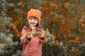 Sea-buckthorn berries in focus on the hands of a cute girl in an orange hat and a brown coat. child holds branches with berries.