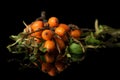 Sea buckthorn berry isolated on black glass