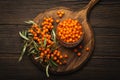 Sea buckthorn ripe berries in glass jar and branches with leaves top view on dark wooden rustic background, great for Royalty Free Stock Photo