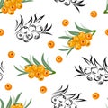 Sea buckthorn seamless pattern. Yellow berries with green leaves