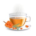 Sea buckthorn tea in transparent glass cup with haze