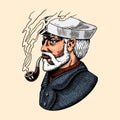 Sea captain, marine old sailor with pipe or bluejacket, seaman with beard or men seafarer. Travel by ship or boat