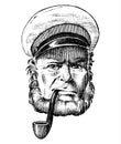 Sea captain, marine old sailor with pipe or bluejacket, seaman with beard or men seafarer. travel by ship or boat Royalty Free Stock Photo