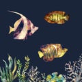 Sea card design with seaweeds, corals, beautiful fishes. Watercolor with trendy golden glowing and mystery underwater