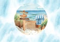 Sea card template with Baltic sea beach panorama, sand dunes, hooded beach chair, Strandkorb, wooden signpost, blue Royalty Free Stock Photo