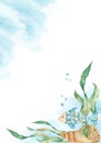 Sea card template with cute fish, seaweeds, seashells, water bubbles, blue watercolor splashes. Marine design. Hand