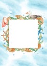 Sea card template with sea square frame, cute sea gull, wooden steering wheel, seashells, nautical anchor, orange net Royalty Free Stock Photo