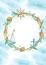 Sea card template with sea wreath, cute watercolor ship, boat, wooden steering wheel, seaweeds, seashells, nautical