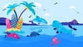 Sea cartoon animal near islan, vector illustration. Underwater nature dolphin, fish marine with nature tropical coral Royalty Free Stock Photo