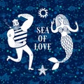 Sea cartoon illustration with sailor and mermaid Royalty Free Stock Photo