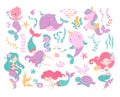 Sea cartoon unicorn. Mermaid character, fish and seahorse. Cartoon cat with mermaids tail, underwater turtle and